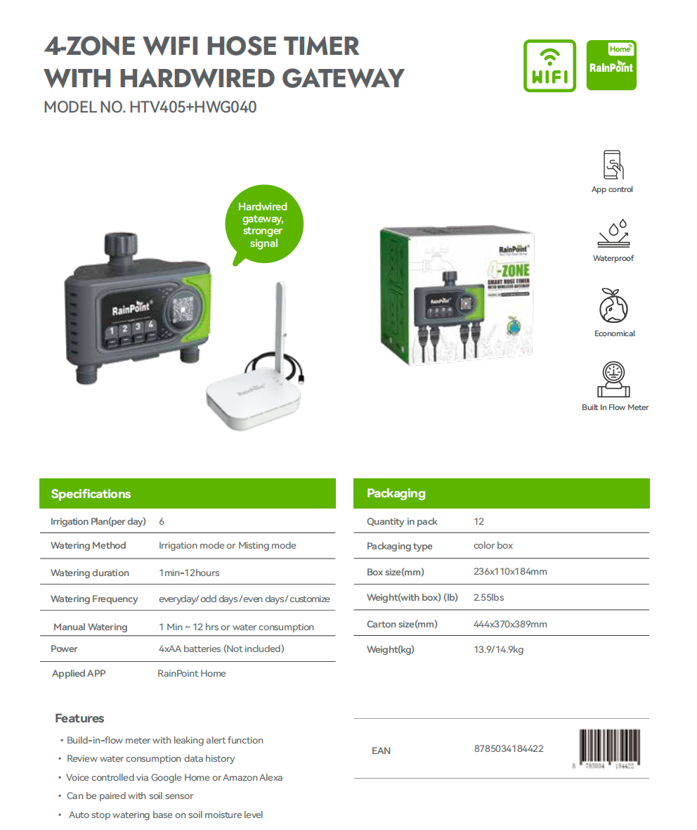 4-ZONE WIFI HOSE TIMER  WITH HARDWIRED GATEWAY