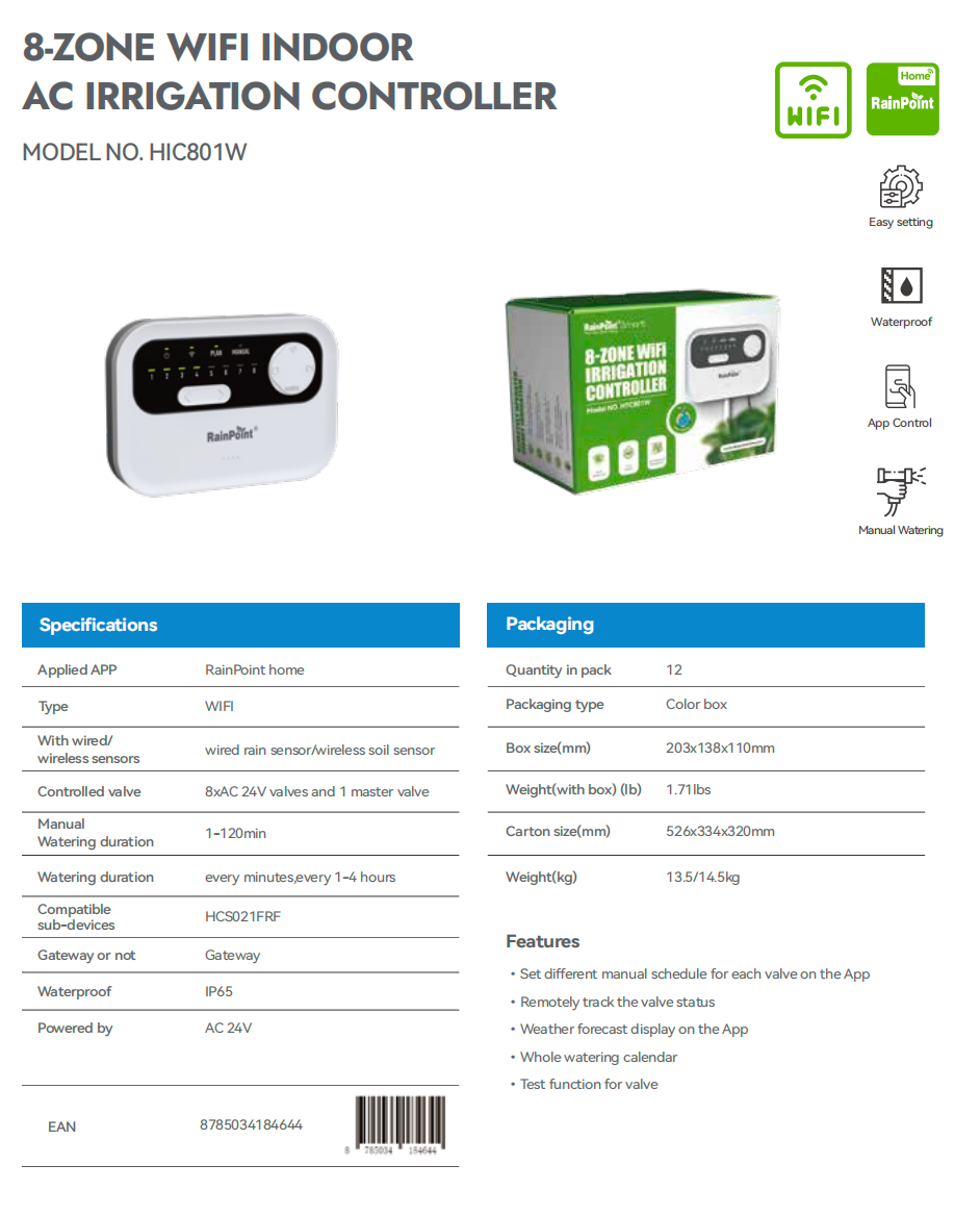 8-ZONE WIFI INDOOR  AC IRRIGATION CONTROLLER